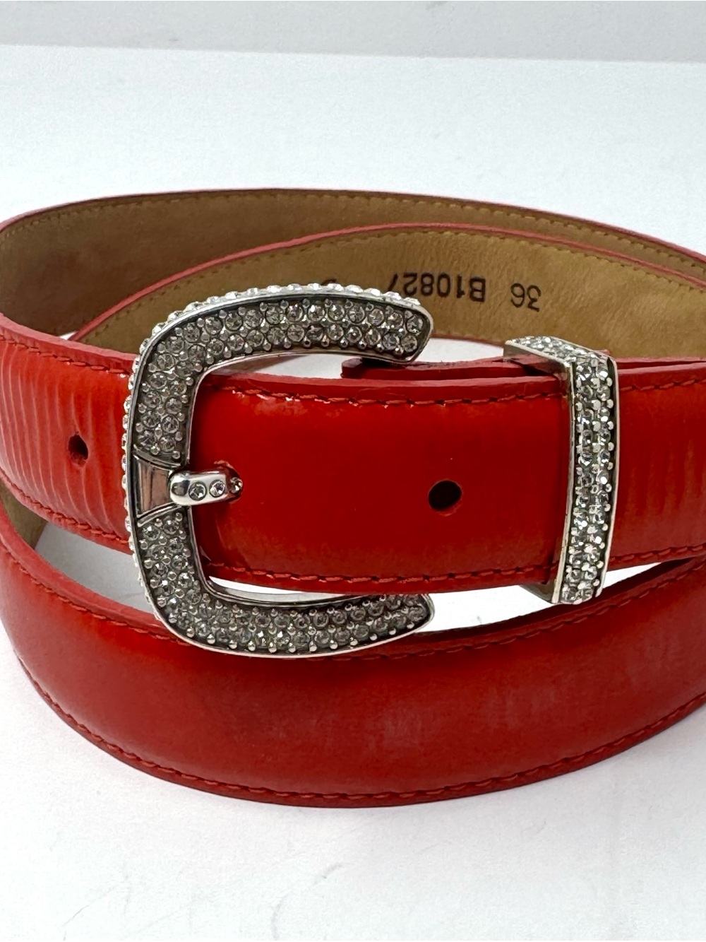Brighton Red Patent Leather Belt Silver Rhinestone Buckle 32”-36” Made In USA